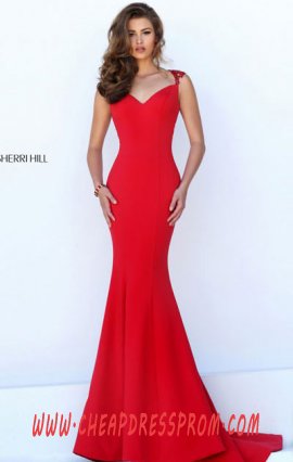 Beads Red Cutout Sherri Hill 50241 Sheer Long Slim Prom Dresses 2016