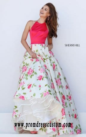 Sherri Hill 50231 Halter-Neck Coral/Ivory Printed Long Bodice Prom Dresses 2016