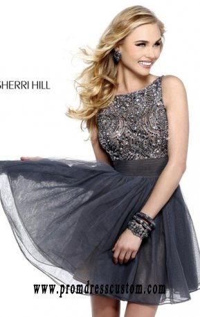 Cheap Open-Back Beaded Sherri Hill 11032 A-Line Gunmetal Short Bodice Prom Dresses
