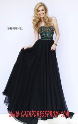 Black/Multi Beads Straight-Neck Sherri Hill 11175 Chiffon Long Evening Gown 2015