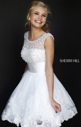 Sherri Hill 4302 Beads Cap Sleeves White Affordable Short Lace Prom Dress