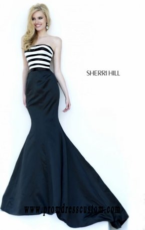 Beaded Sherri Hill 32091 Strapless-Neck 2015 Black/Ivory Long Striped Prom Dresses