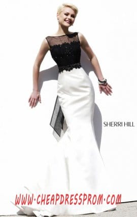 2015 Bateau-Neck Black/Ivory V-Back Sherri Hill 32036 Beaded Long Bodice Prom Dresses