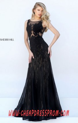 Appliques Bodice 2016 Black High-Neck Sherri Hill 50254 Long Sheer Evening Gown