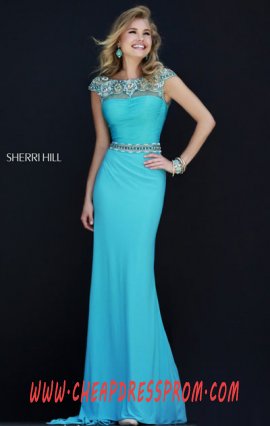 Bateau-Neck Beads Sherri Hill 32026 Aqua Bodice Long Sheer Evening Gown Cheap - $207.00