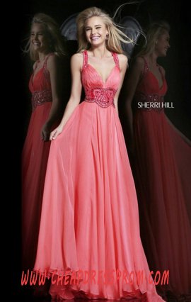 Beads Sherri Hill 11102 Coral Sweetheart-Neck Chiffon Long Prom Dresses Cheap Sale